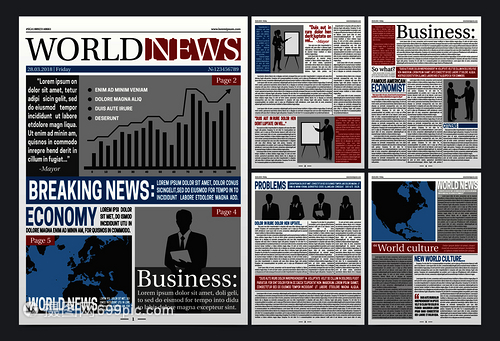 报纸经济页写实模板与世界商业新闻图商人黑色剪影矢量插图报纸开放写实模板
